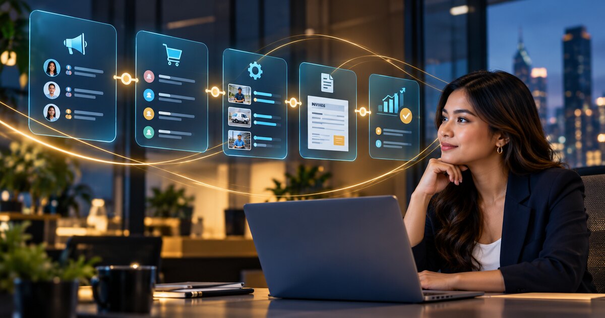 Filipino CRM specialist reviewing a connected workflow from marketing and sales through invoicing and reporting