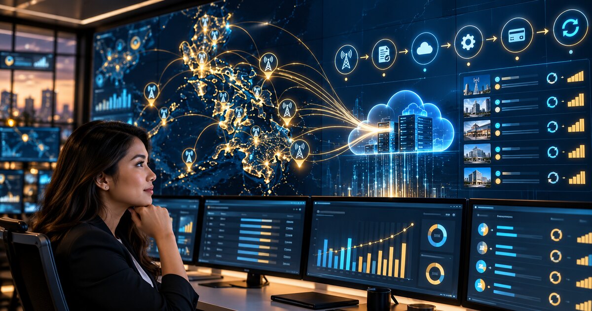 Filipino analyst monitoring telecommunications locations, cloud services, activations, and recurring commissions